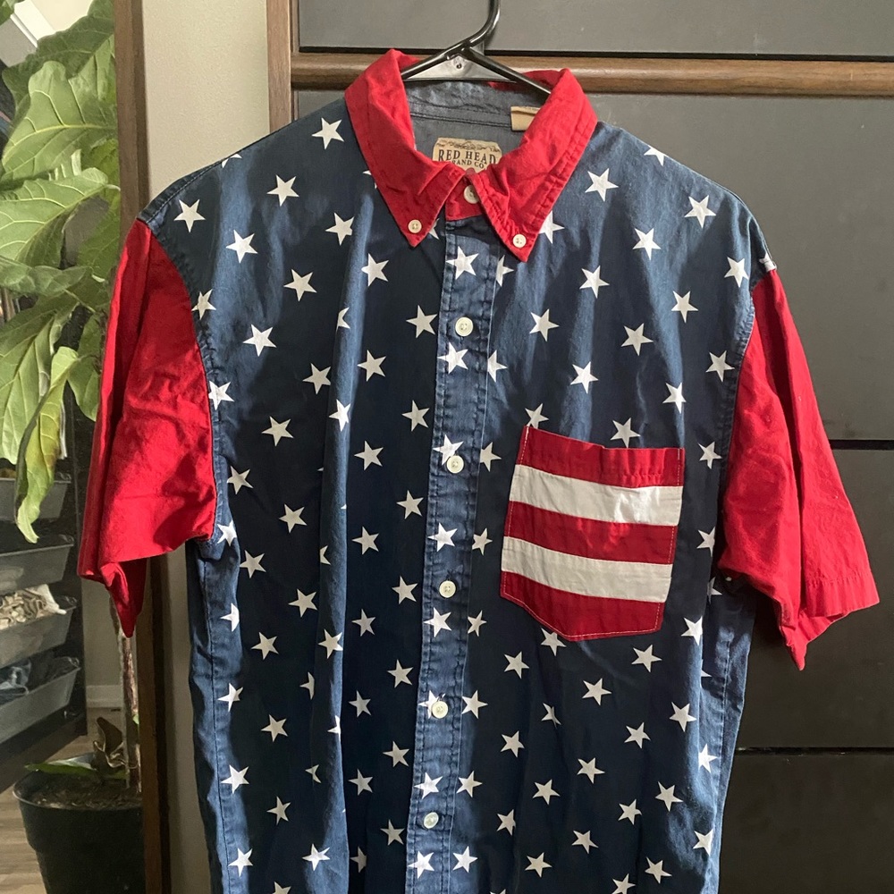Mens Vintage RedHead American Flag Button Down Shirt Size Small